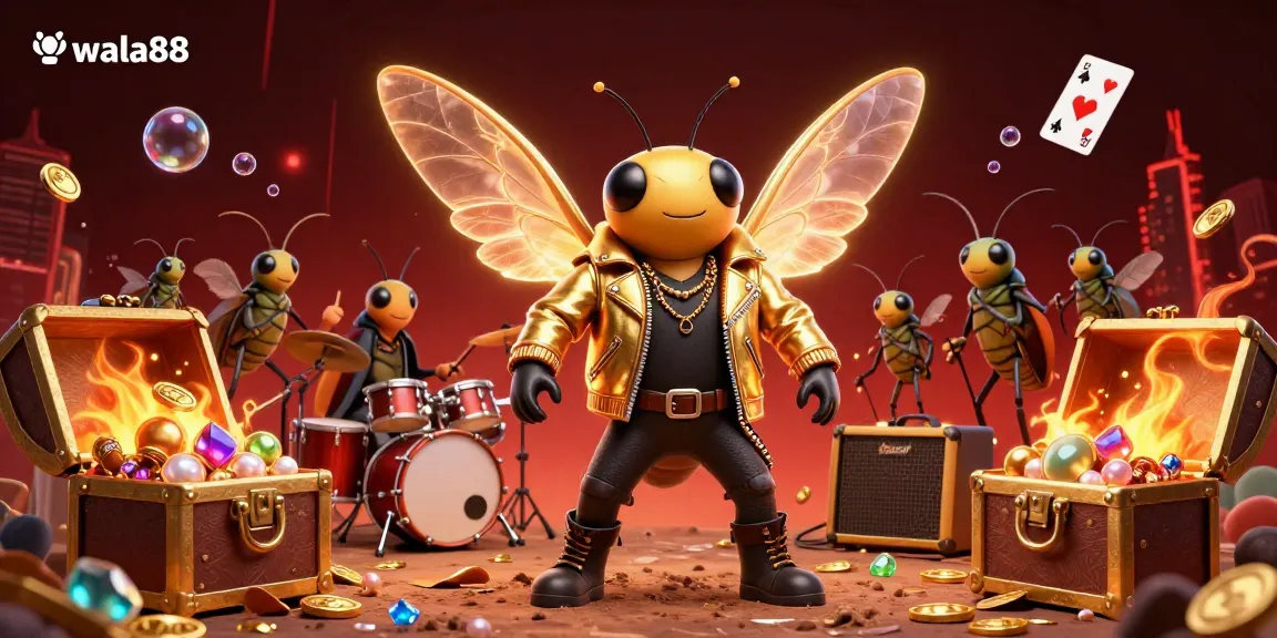 Experience the excitement of wala88 as a cicada rock star performs in a vibrant cockfighting arena, bursting with color and energy.
