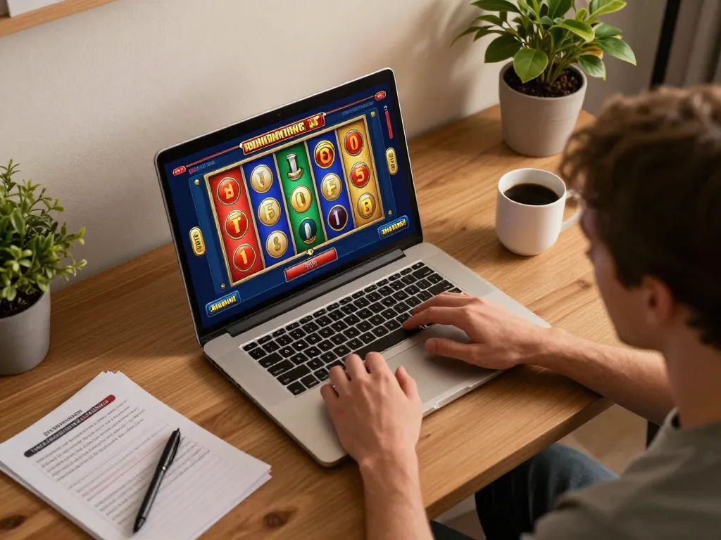 Engaging gameplay on a demo slot with vibrant reels in a cozy home office.