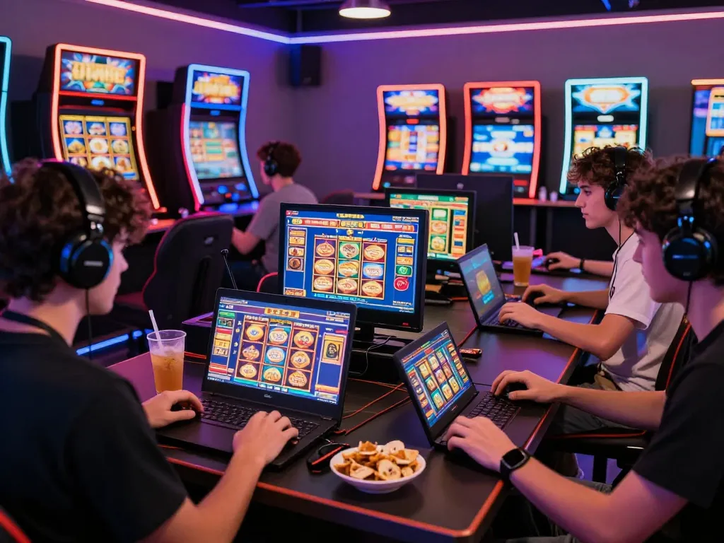 Players experiencing excitement at vegasslot77 online gaming platform with vibrant graphics and snacks.