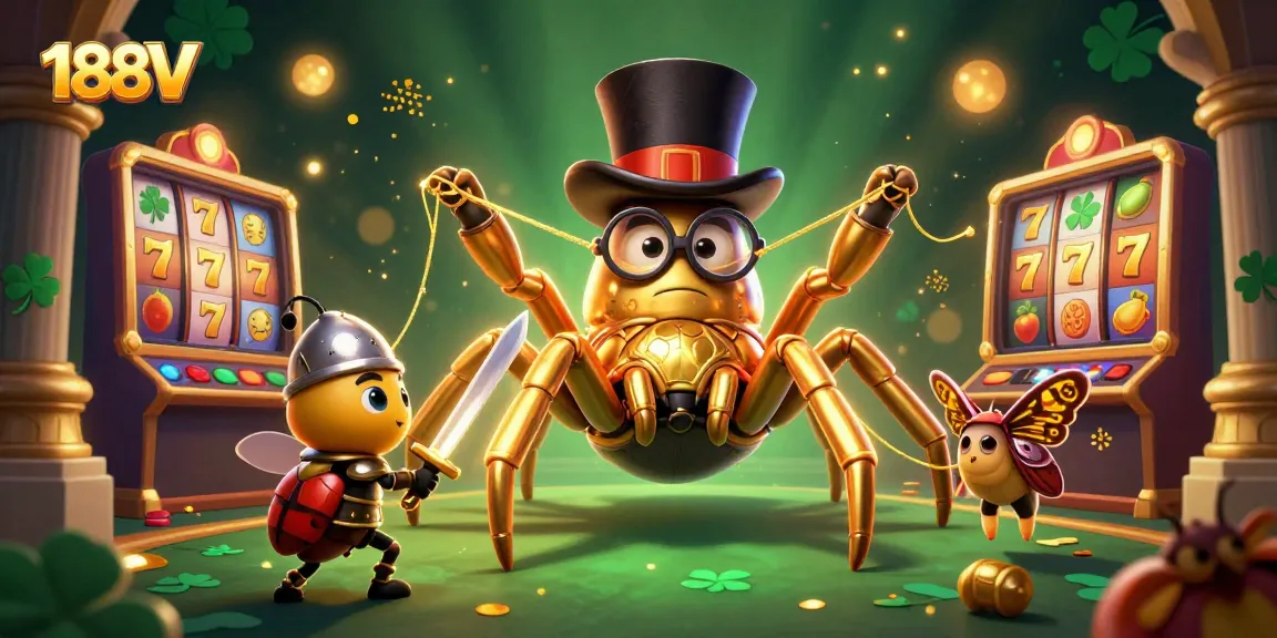 Experience thrilling wins at 188V with golden slots, a knight, and a stunning tarantula in this vibrant casino scene.