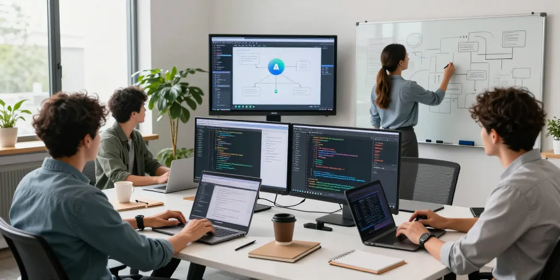 Team collaborating to build internal tools with AI in a modern workspace with code and designs.
