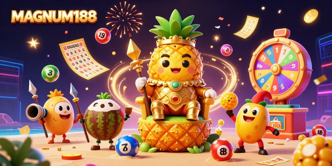 Engage with MAGNUM188, featuring a vibrant 3D casino illustration of a golden pineapple king and dynamic game elements.