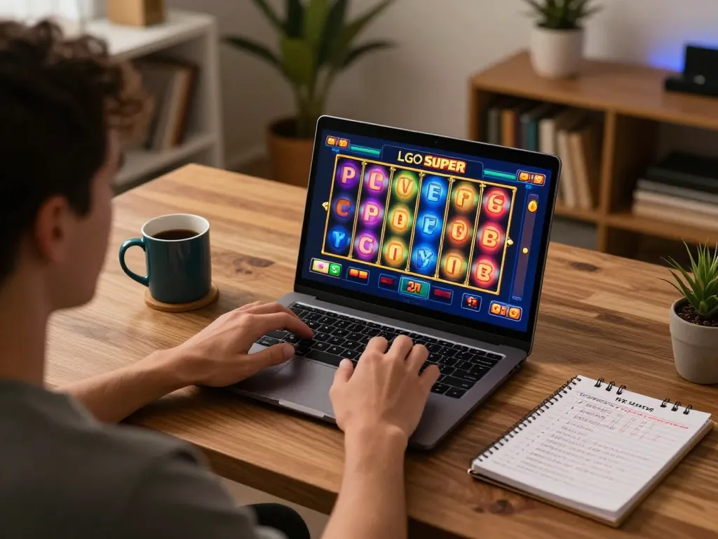 LGO SUPER gamer enjoying online slots with vibrant visuals and strategic notes