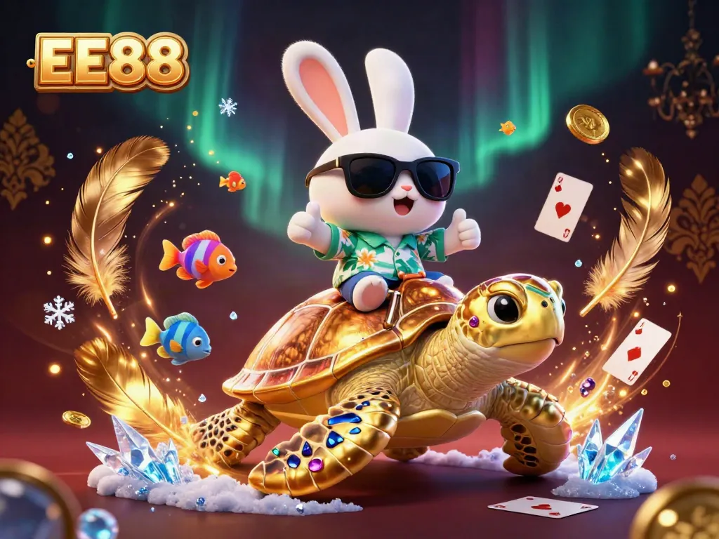 EE88 crafts thrilling casino experiences with a lucky rabbit and golden turtle in a vibrant scene.