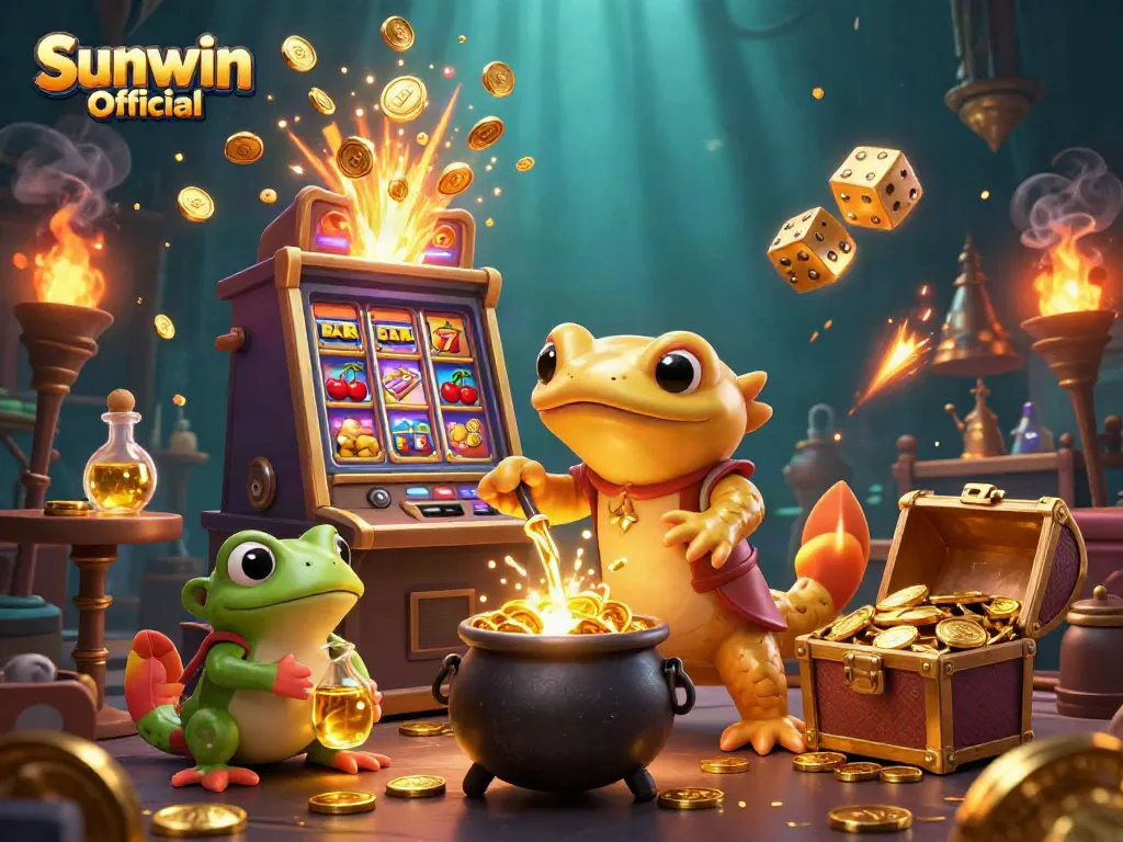 Engaging scene showcasing Sunwin Official with a golden salamander alchemist, frog apprentice, and vibrant casino elements.