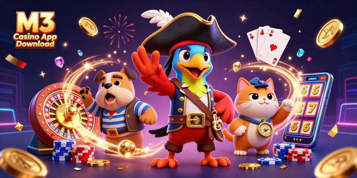 Engage with the M3 Casino App Download featuring a vibrant 3D casino scene filled with gaming excitement.