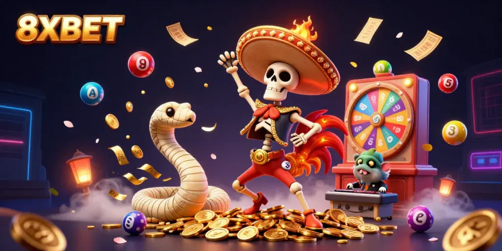 Engage in dynamic lottery games with 8XBET, featuring vibrant elements and captivating characters.