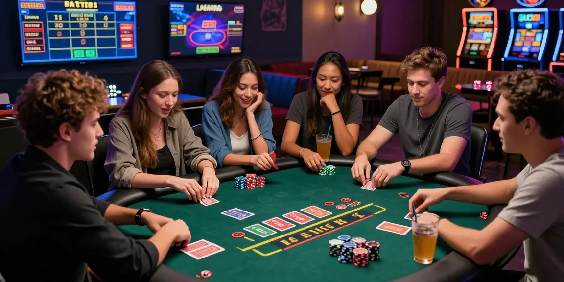 Friends enjoying a thrilling game at LUCK8's online gambling table, modern ambiance, excitement, and engagement.
