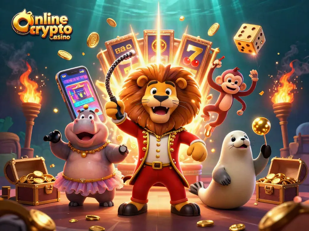 Gioca nel migliore online crypto casino, un'illustrazione vivace con animali del circo e simboli di vincita.