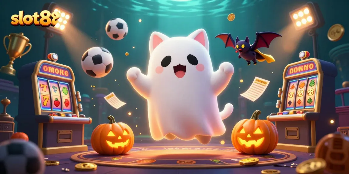 Experience the thrill of slot88 with a ghost cat, bat, and glowing jack-o-lanterns in a vibrant casino.