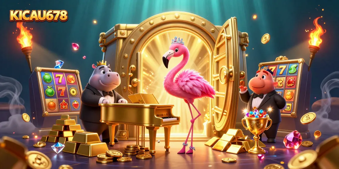 KICAU678 creates an exciting scene of a vibrant casino atmosphere with a flamingo singer, hippo bassist, slot reels, and shimmering treasures.