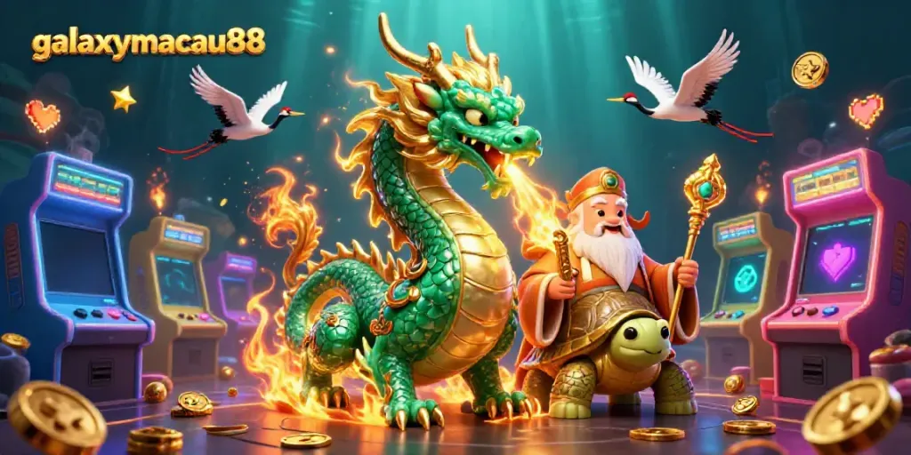 Experience the thrill of winning at galaxymacau88 with a dynamic casino illustration featuring dragons and game machines.