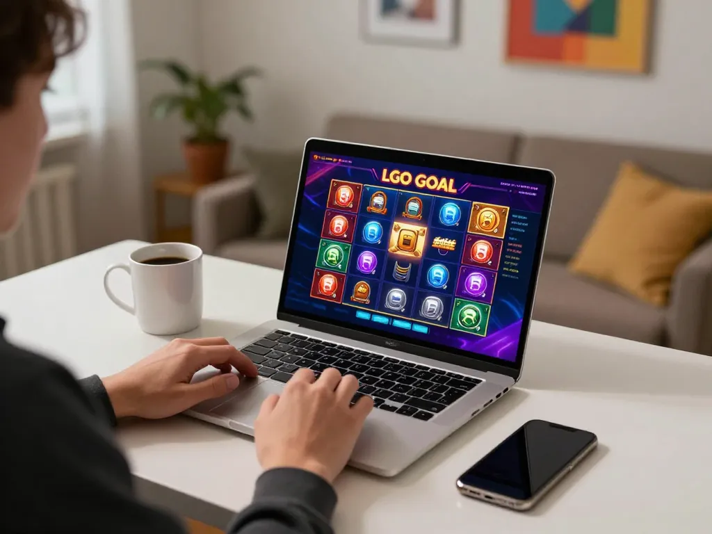 Engaged player enjoying LGO GOAL slot game on laptop at stylish home desk.