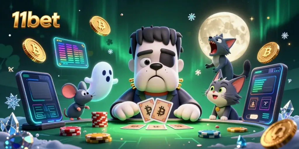 Experience thrilling wins with 11bet in this vibrant 3D casino scene featuring monsters and crypto elements.