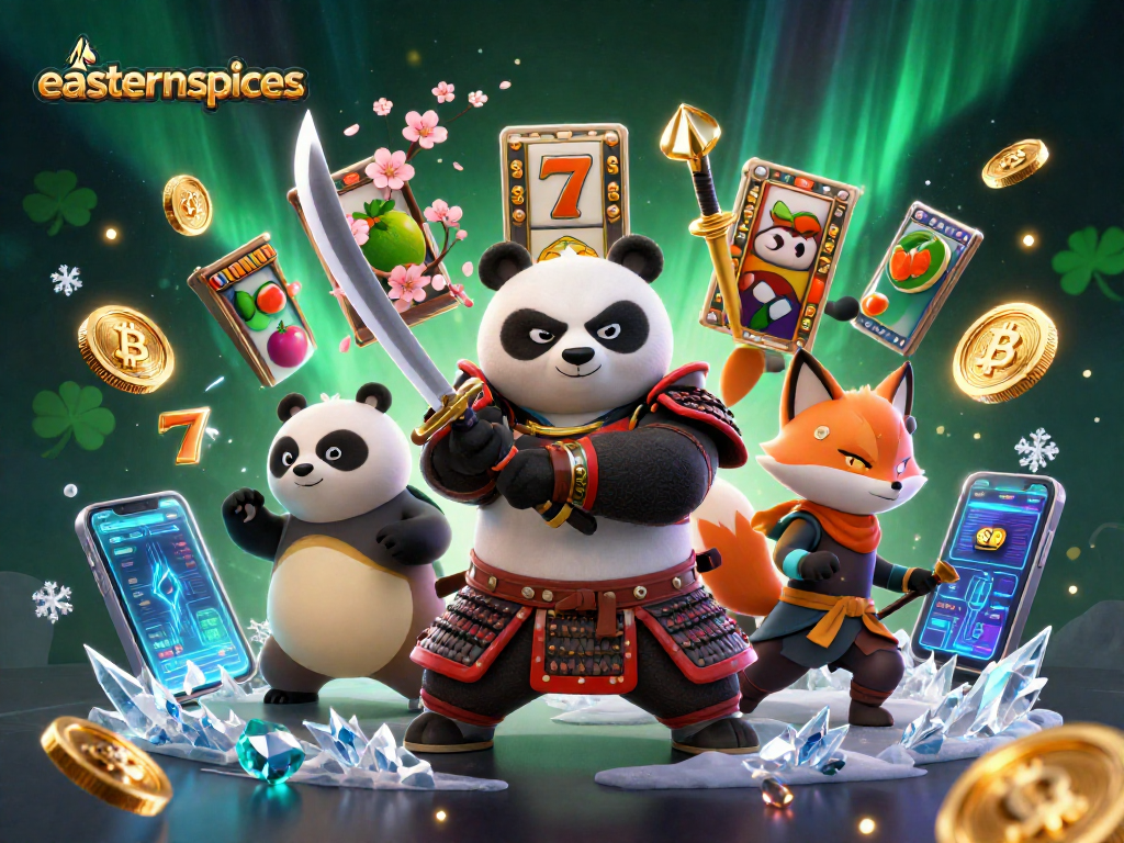 Spin the reels at easternspices with a samurai panda and ninja fox in a vibrant casino scene.