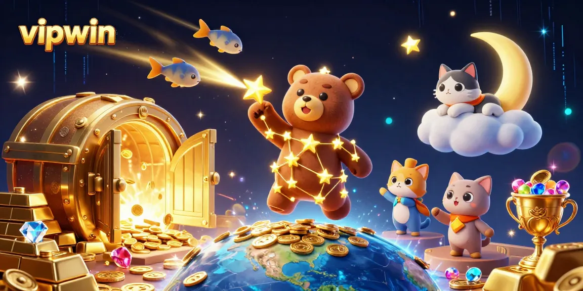 Play to win at vipwin with this enchanting 3D scene of treasure and celestial characters.