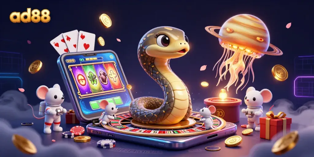 ad88 showcases a vibrant 3D casino scene with cosmic characters and interactive gaming elements.
