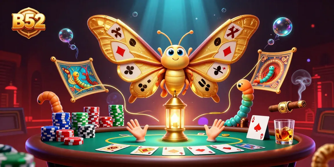 Engage with B52's thrilling casino scene featuring a vibrant cartoon moth and poker elements.