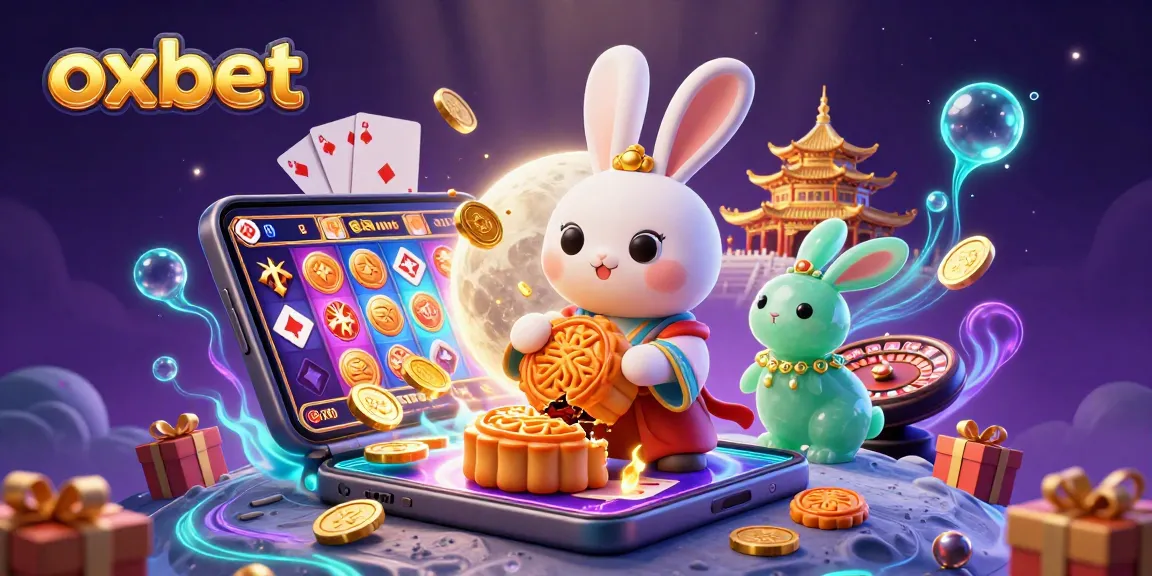 Enjoy a vibrant scene with the oxbet moon rabbit, poker chips, and a colorful slot game bursting with energy.