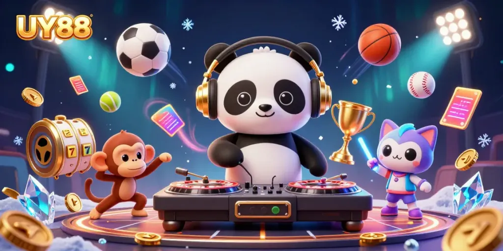 Engage with UY88's vibrant casino scene showcasing gaming fun with a DJ panda and action.