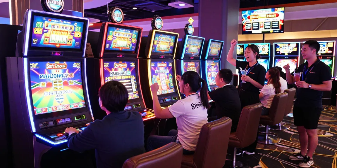 Slot Gacor MAHJONGJP88 gaming scene with excited players and vibrant atmosphere