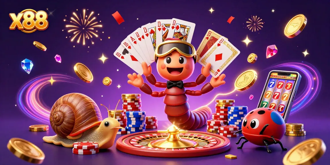 X88 casino illustration featuring a millipede dealer with playing cards, coins, and vibrant background.