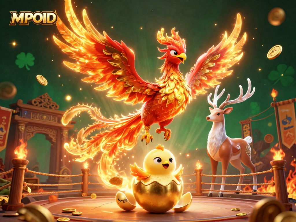Experience the thrill with MPOID's vibrant gaming characters amidst golden tokens and phoenix elements.