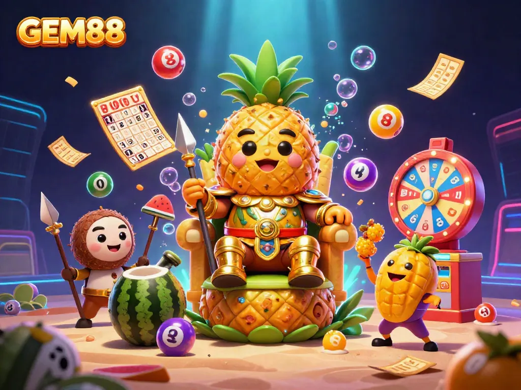 Experience the excitement of GEM88 with vibrant characters and dynamic casino elements in a thrilling beach setting.