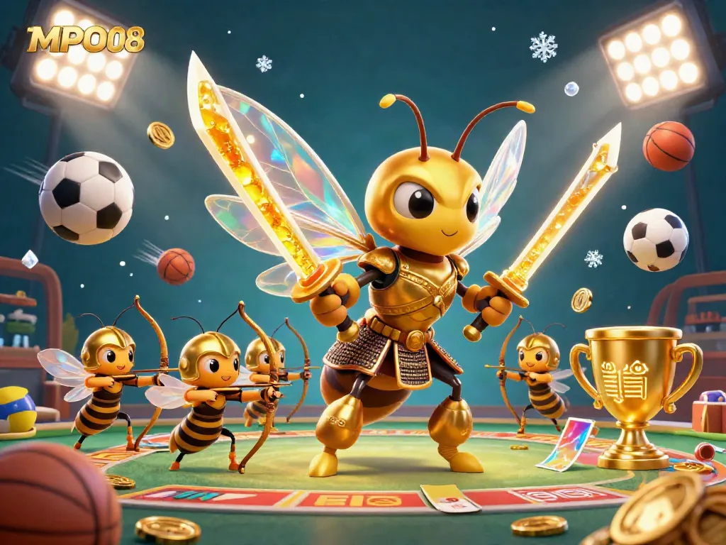MPO08 brings excitement as players engage with dynamic sports betting elements in a vibrant 3D illustration.