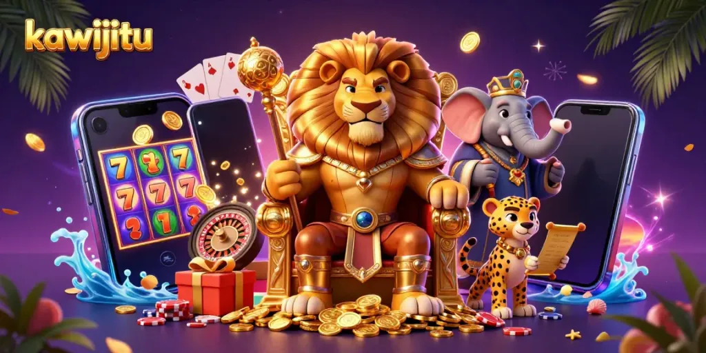 Experience the thrill of kawijitu with a majestic lion king, slot games, and glamourous casino elements.