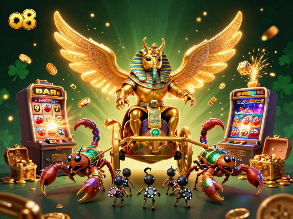 Engage in thrilling gameplay at o8, featuring a vibrant 3D casino scene with jackpots and lively characters.