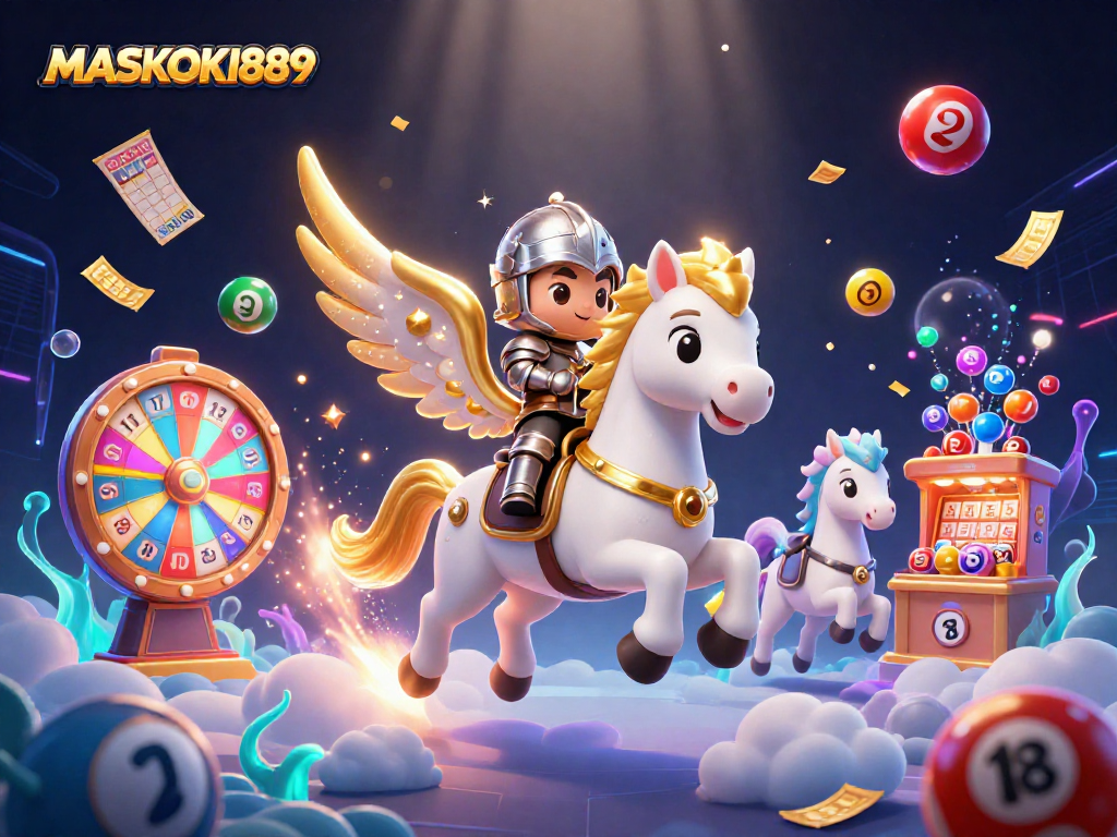 Experience the thrills of MASKOKI889 with vibrant gaming elements and a captivating fantasy scene.