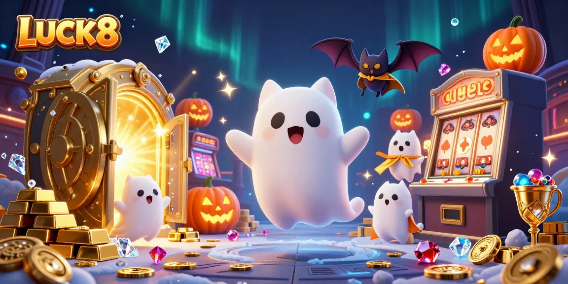 LUCK8 showcases a playful ghost cat in a lively casino scene filled with treasures, enhancing gaming excitement.