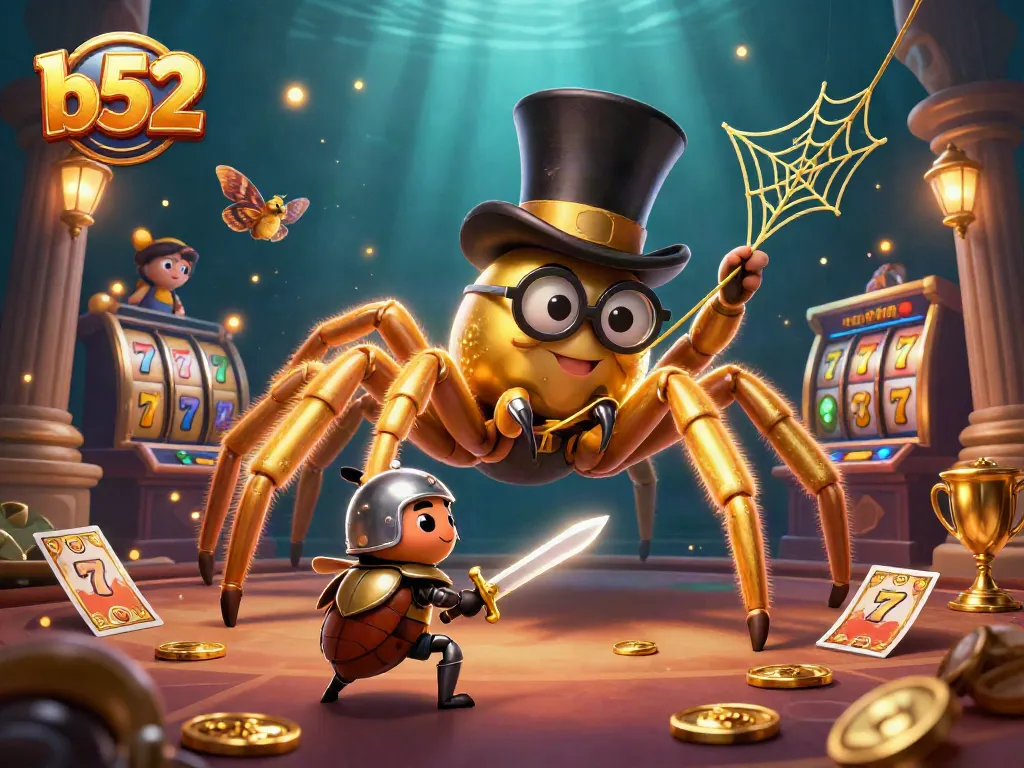 B52-themed casino scene showcasing a golden tarantula, beetle knight, and vibrant slot reels.