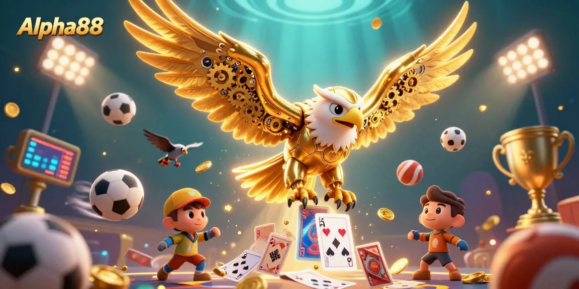 Experience thrilling action at Alpha88 featuring a golden eagle amid sports betting elements and casino excitement.