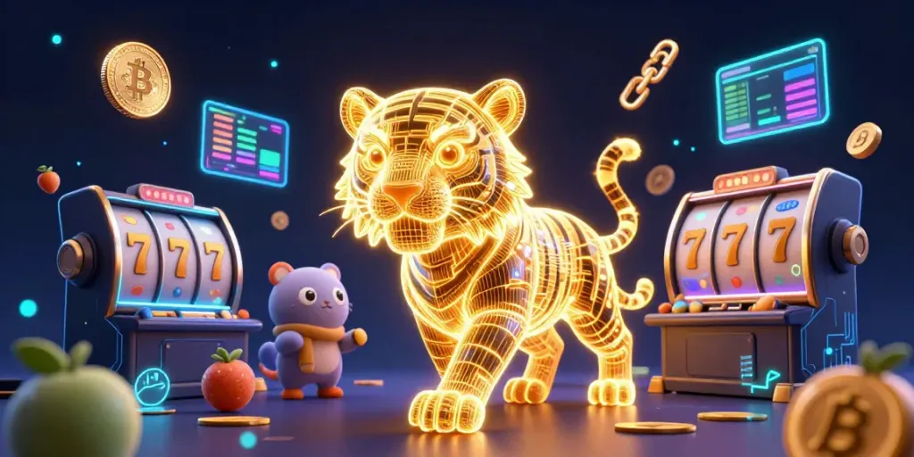 Experience the excitement of MPO08 with a dynamic casino scene featuring neon elements and golden tiger.
