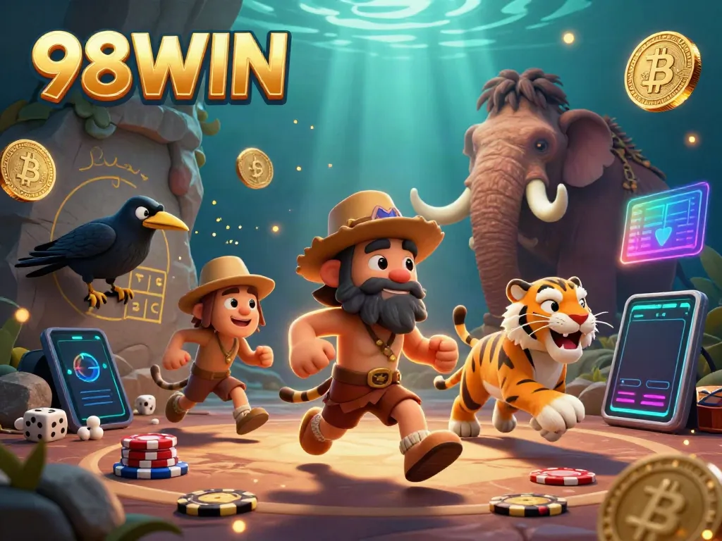 Experience the thrilling world of 98WIN casino through this vibrant 3D illustration featuring prehistoric characters engaging in gambling.