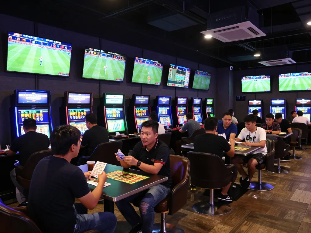 Kèo nhà cái displayed prominently in a lively sports betting venue with fans eagerly placing bets