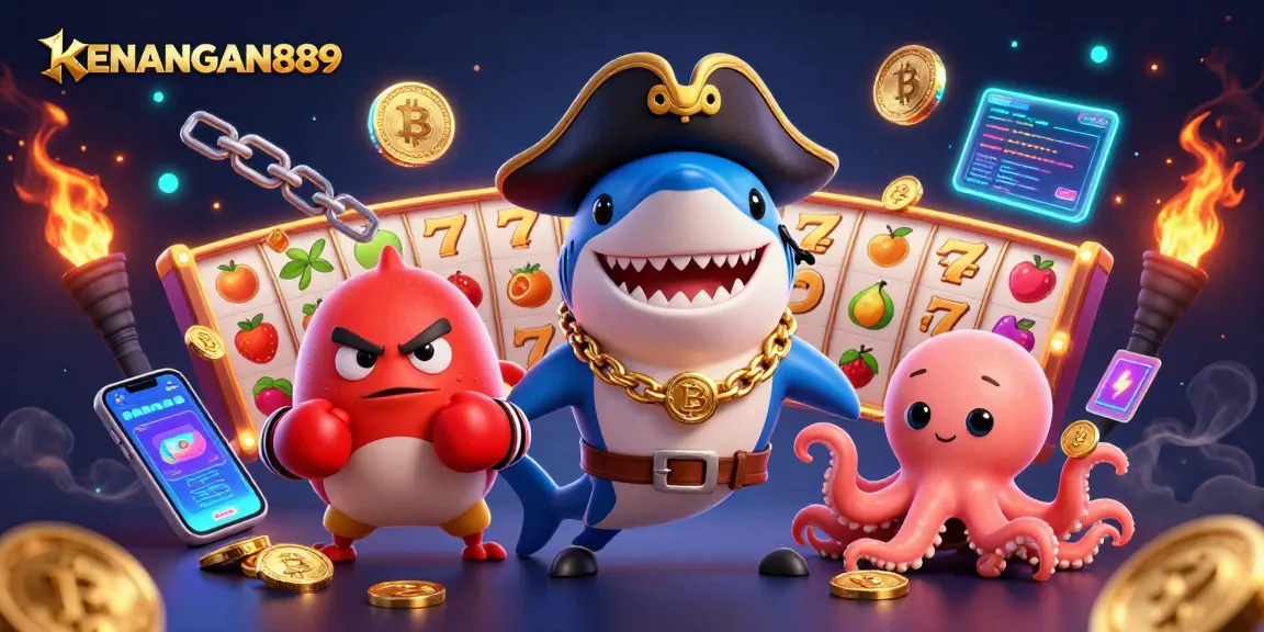 Game big with KENANGAN889, showcasing a playful pirate shark, pufferfish, and octopus in an exciting casino scene.