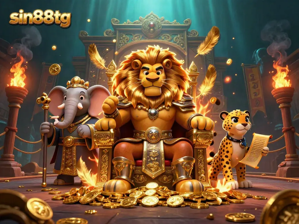 Experience the excitement of sin88tg with a fantasy scene showcasing a lion king and allies in a vibrant casino world.