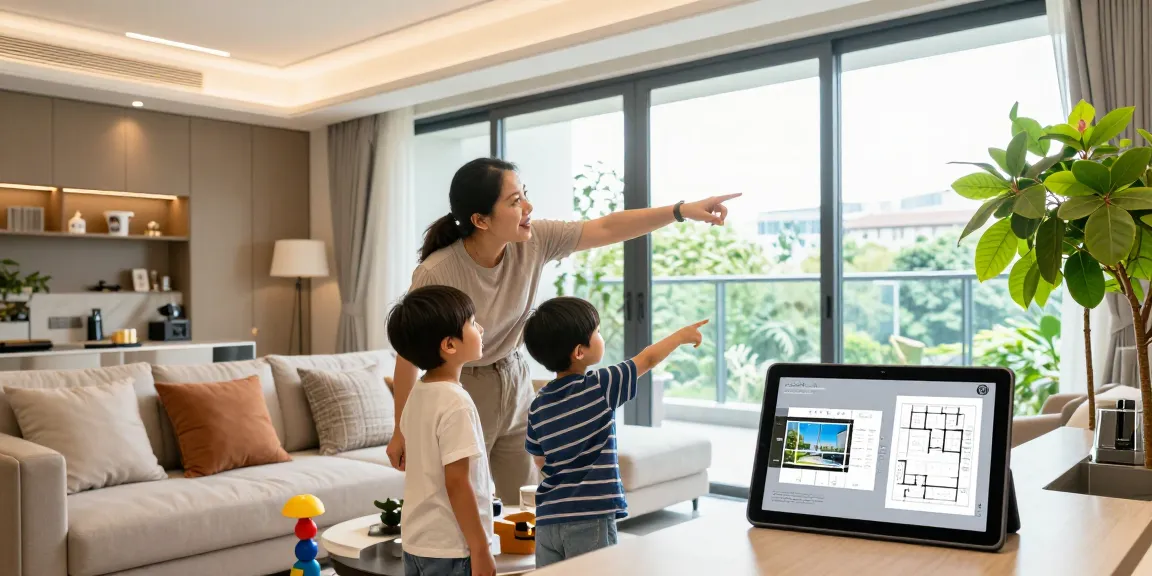 Family exploring a Solano Grand EC unit, showcasing modern living features in Bukit Panjang.
