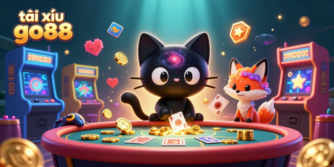 Engage in tài xỉu go88 gameplay with a cosmic cat pulling in chips and cards at a galactic casino table.