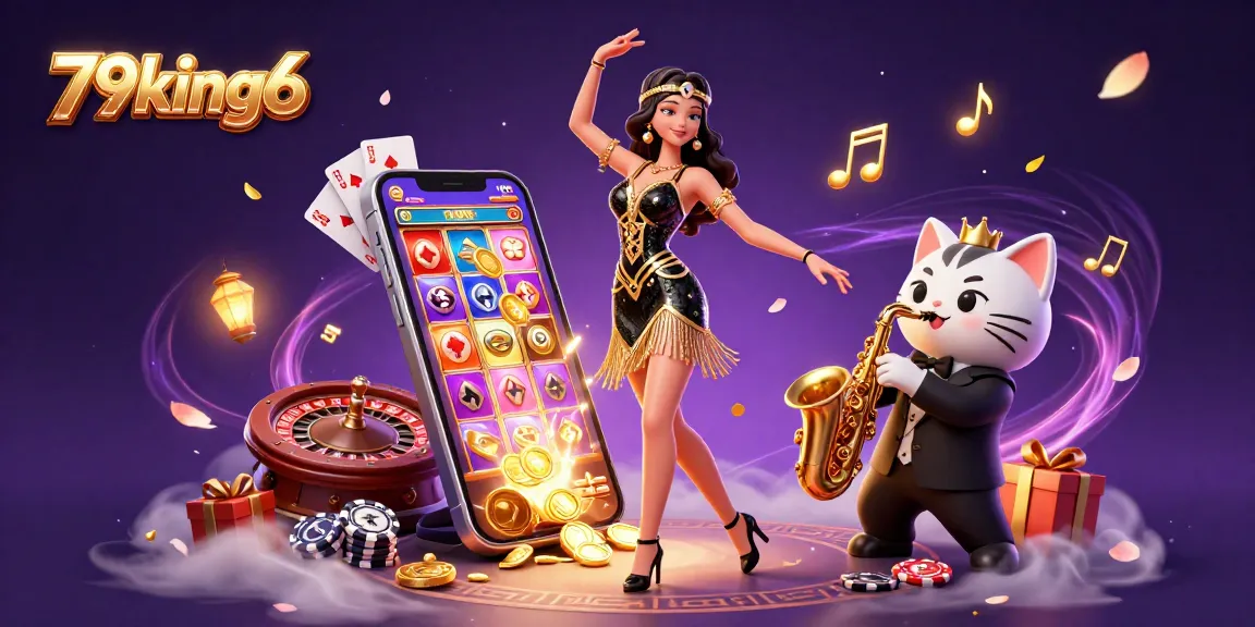 Experience thrilling casino action with vibrant 79king6 imagery featuring dancing characters and slot games.