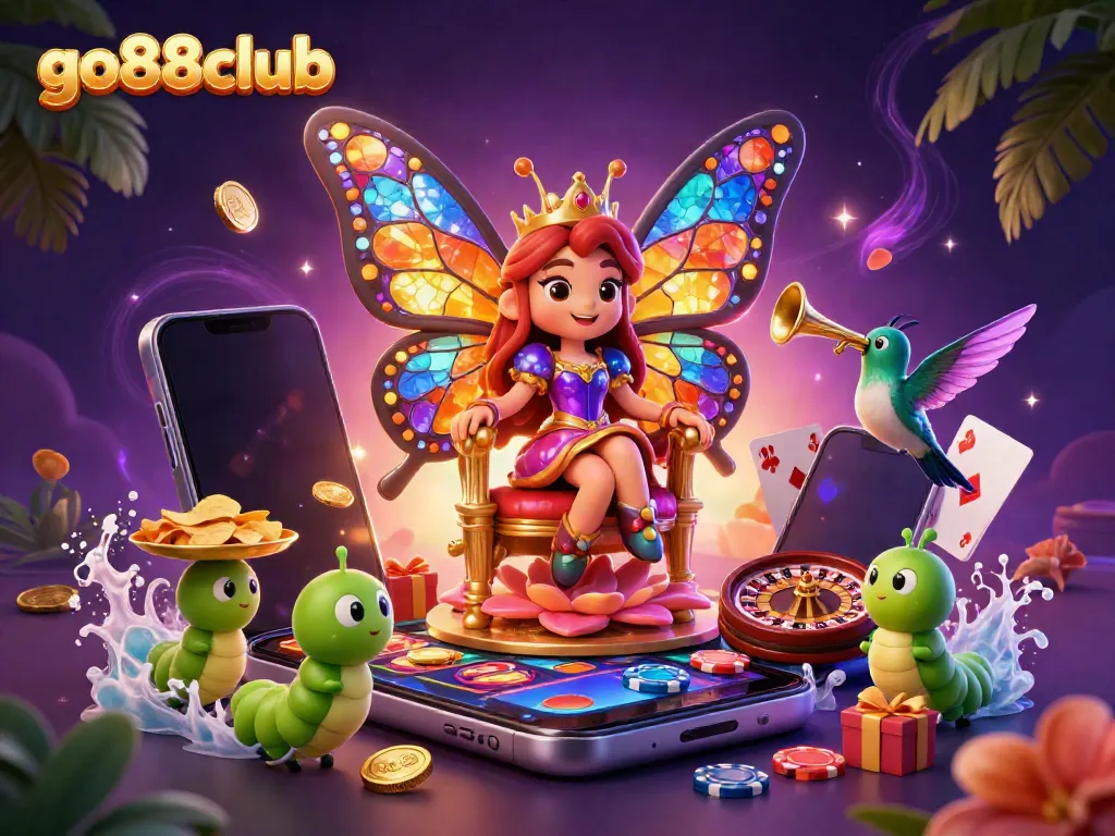 Experience the vibrant world of go88club casino with our enchanting illustration featuring a butterfly queen.