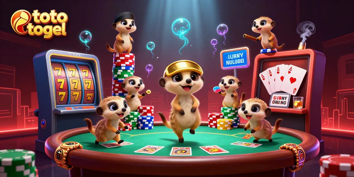 Experience thrilling toto togel action with playful meerkats in a vibrant casino setting.