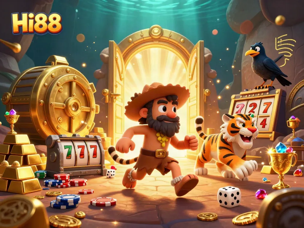 Experience excitement at Hi88, where a dynamic caveman, sabertooth tiger, and clever crow bring casino adventures to life amidst rich treasures.