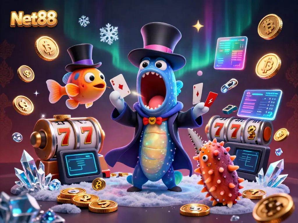 Net88 showcases a magical scene with underwater creatures performing gambling tricks, visualizing fun casino experiences.