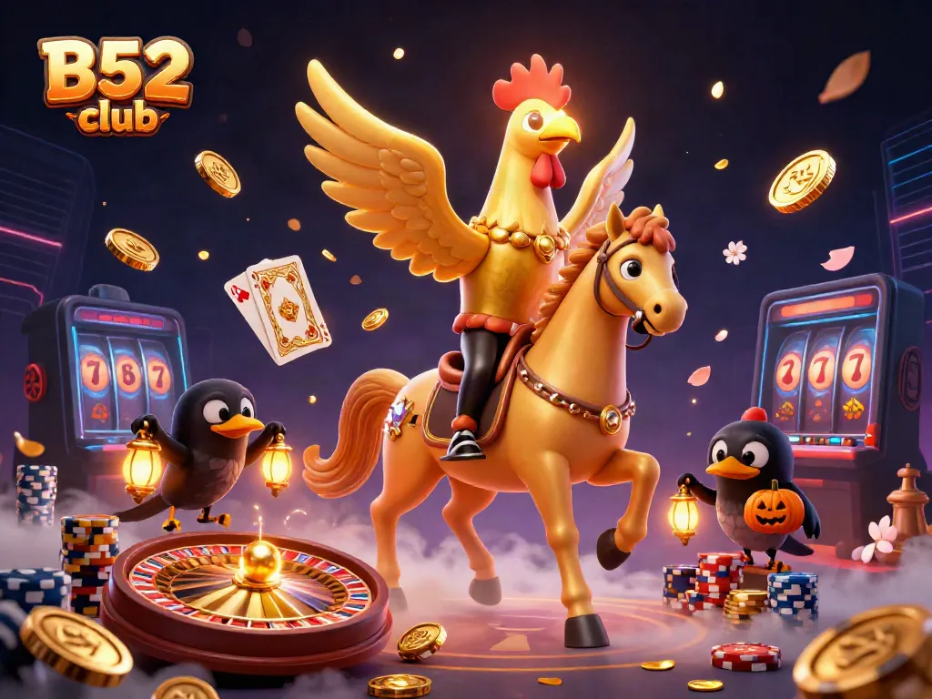 B52 club showcases a vibrant casino scene with a golden rooster and companions, amidst dazzling gaming elements.