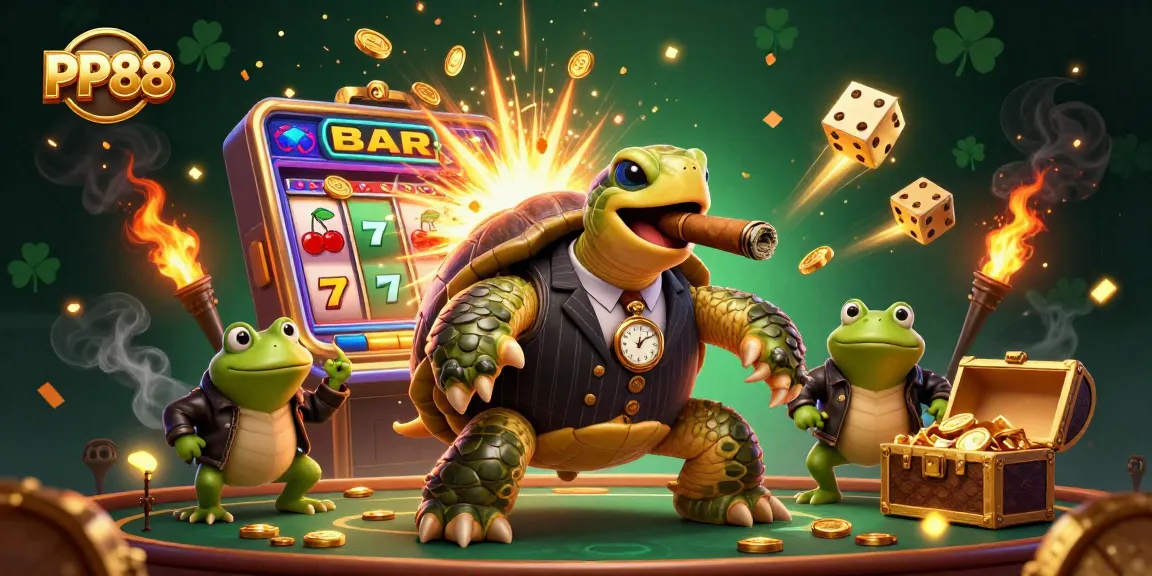 Win big with PP88 as a snapping turtle mobster and frog enforcers thrill players in a dynamic casino scene