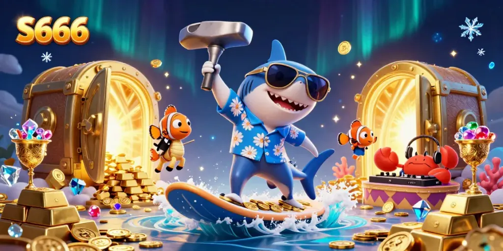 S666 - A lively illustration showcasing a hammer-head shark, clownfish, and crab DJ amidst treasures in a vibrant casino setting.